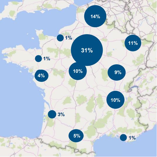 Carte Répartition surfaces regions juin 2023